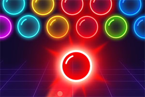 Bubble Shooter Neon Renkli ışıltılı toplar ve kırmızı parlayan bir topun bulunduğu neon tarzda bir sahne