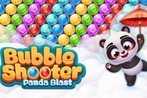 Renkli baloncuklar ve elinde kırmızı bir şemsiye tutan sevimli panda karakteri