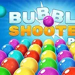 Renkli balonların önünde büyük harflerle BUBBLE SHOOTER PRO yazısı bulunan görüntü