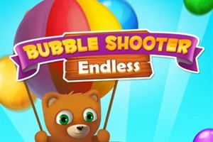Renkli balonlar tutan sevimli bir ayıcık ve üzerinde Bubble Shooter Endless yazısı bulunan renkli bir banner