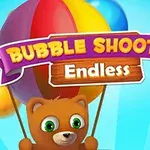 Renkli balonlar tutan sevimli bir ayıcık ve üzerinde Bubble Shooter Endless yazısı bulunan renkli bir banner