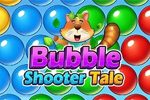 Renkli baloncuklar arka planında, ortada sevimli bir hayvan karakteri ve üzerinde Bubble Shooter Tale yazısı