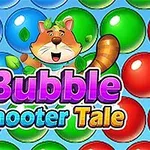 Renkli baloncuklar arka planında, ortada sevimli bir hayvan karakteri ve üzerinde Bubble Shooter Tale yazısı