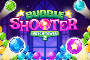 Renkli baloncuklar ve ışıldayan yıldızlarla süslenmiş Bubble Shooter Witch Tower 2 başlıklı grafik