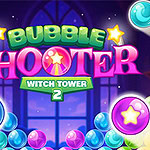 Renkli baloncuklar ve ışıldayan yıldızlarla süslenmiş Bubble Shooter Witch Tower 2 başlıklı grafik