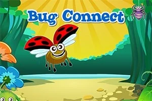 Sevimli bir uğur böceği, yeşil bir orman zemininde Bug Connect yazısının altında kanatlarını açmış şekilde uçuyor