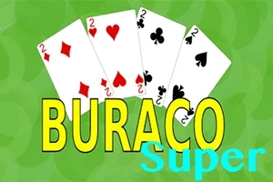 Yeşil bir arka plan üzerinde dört oyun kartı ve Buraco Super yazısı