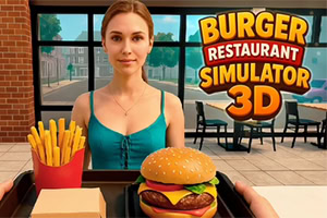 Tepside hamburger ve patates kızartması tutan kadın, arka planda restoran ve Burger Restaurant Simulator 3D yazısı