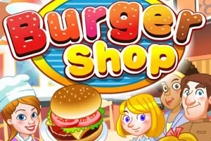 Renkli bir afişte, önde büyük bir burger ve arka planda çeşitli karakterlerin yer aldığı Burger Shop yazısı