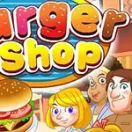 Renkli bir afişte, önde büyük bir burger ve arka planda çeşitli karakterlerin yer aldığı Burger Shop yazısı