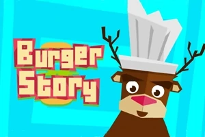 Mavi bir arka plan önünde aşçı şapkası giyen geyik karakter ve Burger Story yazısı