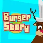 Mavi bir arka plan önünde aşçı şapkası giyen geyik karakter ve Burger Story yazısı
