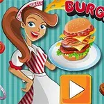 Tek bir çizgi karakter kadının bir hamburger tepsisi tuttuğu ve yanında büyük bir oyun oynatma butonunun bulunduğu renkli illüstrasyon