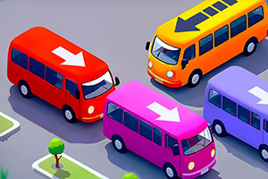 Kırmızı, turuncu, pembe ve mor minibüsler üzerine ok işaretleriyle bir yolda ilerliyor