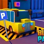 Sarı bir otobüs, mavi ve turuncu binaların önünde park yerinde bulunuyor, yanında Bus Parking yazısı var