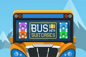 Renkli valiz görselleri ve Bus with Suitcases yazısı olan bir otobüs ön kısmı ve arka planda dağ manzarası
