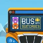 Renkli valiz görselleri ve Bus with Suitcases yazısı olan bir otobüs ön kısmı ve arka planda dağ manzarası