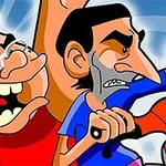 İki karikatür karakteri, biri sarı saçlı ve gözlüklü, diğeri siyah saçlı ve tıraşsız, birbirine sinirle bakıyor
