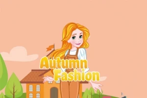 Turuncu tonlarda tulum giymiş sarı saçlı bir kadın, arka planda bir ev ve ağaçlarla birlikte Autumn Fashion yazısı