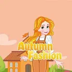 Turuncu tonlarda tulum giymiş sarı saçlı bir kadın, arka planda bir ev ve ağaçlarla birlikte Autumn Fashion yazısı
