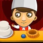 Beyaz şapkalı bir karakter, bir tepsideki pasta, kırmızı bir top ve turta kalıbıyla birlikte tasvir edilmiştir