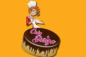 Turuncu bir arka planda şef şapkası takmış bir kadın, üzerine Cake Design yazılmış çikolatalı bir pastanın arkasında duruyor