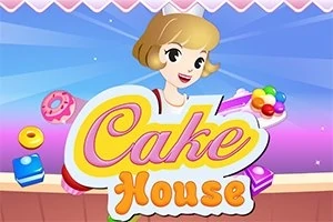 Sarı saçlı bir kız, elinde renkli şekerlemeler tutarken Cake House yazısının önünde duruyor
