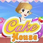 Sarı saçlı bir kız, elinde renkli şekerlemeler tutarken Cake House yazısının önünde duruyor