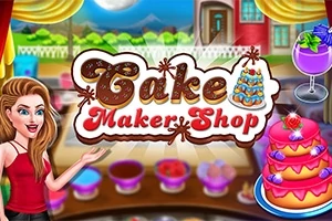 Kadın karakterin yanında Cake Maker Shop yazısı ve ön planda süslü bir pasta