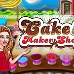 Kadın karakterin yanında Cake Maker Shop yazısı ve ön planda süslü bir pasta