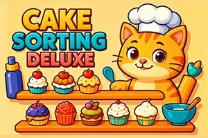 Aşçı şapkalı bir kedi, raflarda çeşitli renklerde ve şekillerde cupcakeler ile mutfak gereçleriyle birlikte