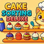 Aşçı şapkalı bir kedi, raflarda çeşitli renklerde ve şekillerde cupcakeler ile mutfak gereçleriyle birlikte