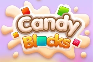 Renkli karelerin ve sıçrayan sıvı efektinin bulunduğu Candy Blocks yazısı