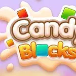 Renkli karelerin ve sıçrayan sıvı efektinin bulunduğu Candy Blocks yazısı