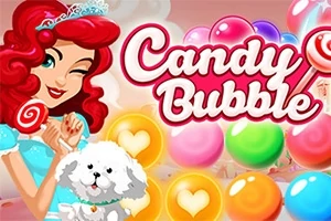 Bir kadın, elinde lolipop tutarken yanında beyaz tüylü bir köpek bulunuyor ve arka planda çeşitli renkli baloncuklar var