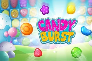 Renkli şekerler ve bulutlarla çevrili Candy Burst yazısı
