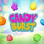 Renkli şekerler ve bulutlarla çevrili Candy Burst yazısı