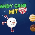 Mavi arka plan üzerinde şekerlere ve kardan adam yüzüne benzeyen objelere sahip CANDY CANE HIT yazılı görsel
