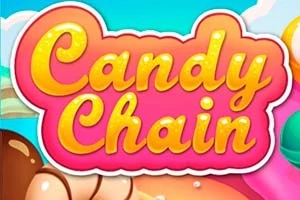Renkli ve canlı grafiklerle Candy Chain yazısı, arka planda şekerlemeler ve bulutlu bir gökyüzüyle birlikte