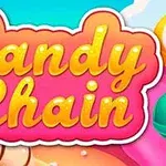 Renkli ve canlı grafiklerle Candy Chain yazısı, arka planda şekerlemeler ve bulutlu bir gökyüzüyle birlikte