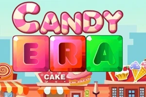 Renkli ve büyük harflerle Candy Era yazısı, şeker ve tatlılarla süslenmiş bir arka plan üzerinde