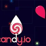 Mavi arka plan üzerinde, ortasında spiral desenli bir damla şekli ve etrafında farklı renk ve şekillerde objeler bulunan candy
