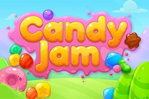 Renkli şekerlerle dolu pembe bir arka plan üzerinde Candy Jam yazısı