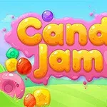 Renkli şekerlerle dolu pembe bir arka plan üzerinde Candy Jam yazısı