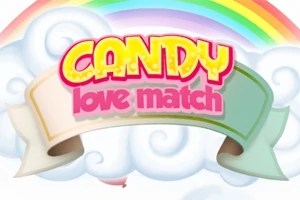 Gökkuşağı ve bulutların üzerinde Candy Love Match yazılı bir afiş