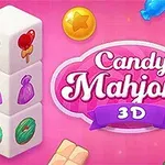 Pembe arka plan üzerinde şeker biçiminde simgelerle süslenmiş küpler ve Candy Mahjong 3D yazısı