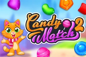 Sevimli bir kedi karakteri ve etrafında renkli, parlak şekerler bulunan Candy Match 2 yazısı