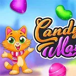 Sevimli bir kedi karakteri ve etrafında renkli, parlak şekerler bulunan Candy Match 2 yazısı