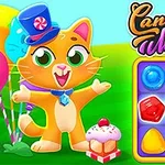 Şapkalı sevimli bir kedi, renkli balonlar ve şekerlemelerle dolu bir oyun panosunun yanında duruyor