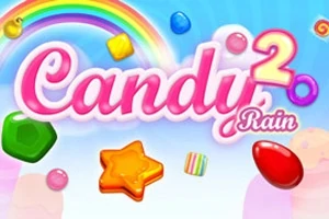 Renkli gökkuşağı, çeşitli şekerler ve Candy Rain 2 yazısı